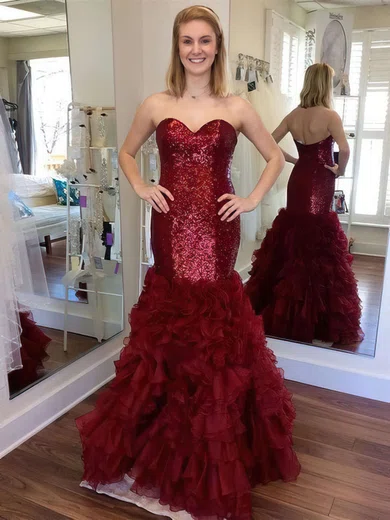 Trumpet/Mermaid Sweetheart Organza Sequined Floor-length Cascading Ruffles Prom Dresses #Favs020105810