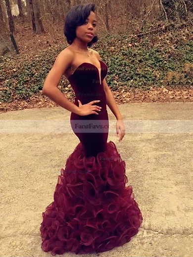 Trumpet/Mermaid V-neck Organza Velvet Floor-length Cascading Ruffles Prom Dresses #Favs020105494