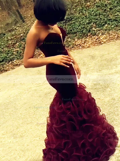 Trumpet/Mermaid V-neck Organza Velvet Floor-length Cascading Ruffles Prom Dresses #Favs020105494