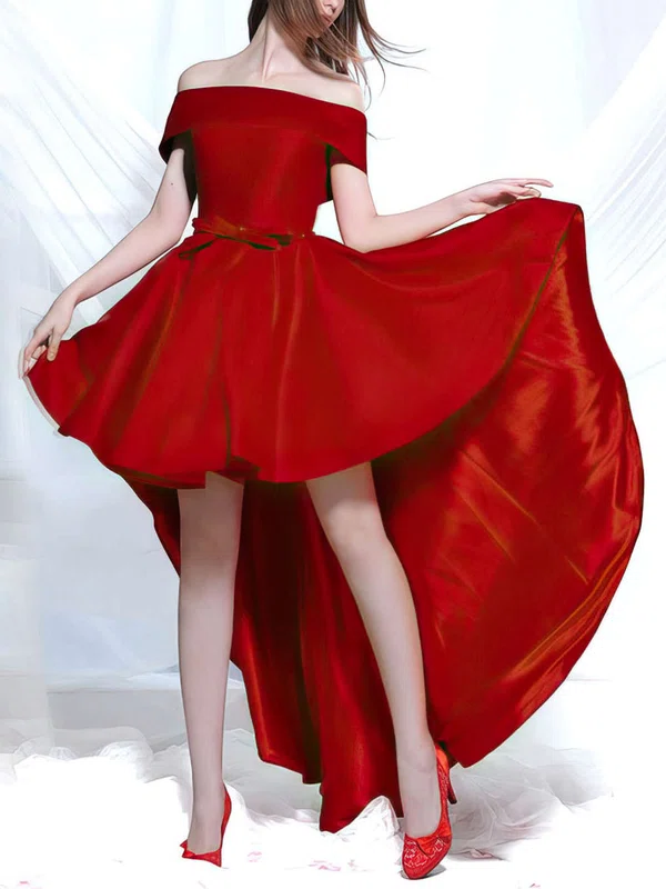 A-line Off-the-shoulder Satin Asymmetrical Sashes / Ribbons Prom Dresses #Favs020103189