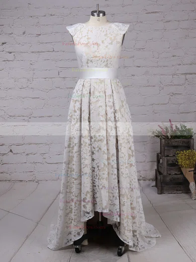 A-line Scoop Neck Lace Asymmetrical Sashes / Ribbons Prom Dresses #Favs020103509