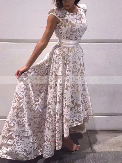 A-line Scoop Neck Lace Asymmetrical Sashes / Ribbons Prom Dresses #Favs020103509