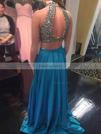 A-line High Neck Silk-like Satin Sweep Train Crystal Detailing Prom Dresses #Favs020103316