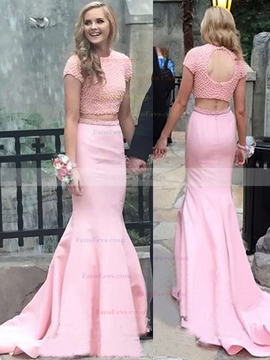Trumpet/Mermaid Scoop Neck Satin Sweep Train Pearl Detailing Prom Dresses #Favs020104541