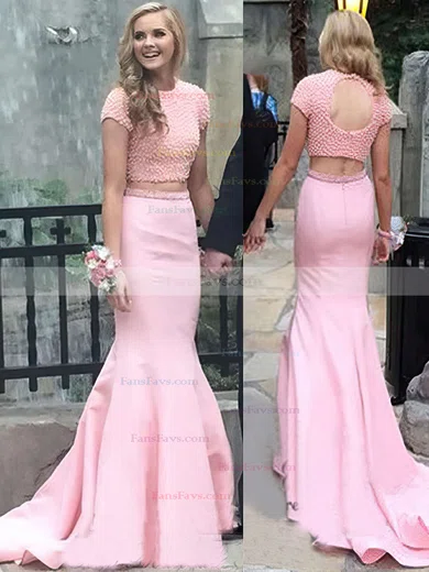 Trumpet/Mermaid Scoop Neck Satin Sweep Train Pearl Detailing Prom Dresses #Favs020104541