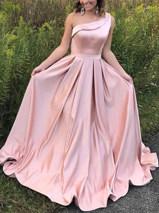 A-line One Shoulder Satin Sweep Train Sashes / Ribbons Prom Dresses #Favs020104815
