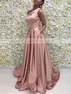 A-line One Shoulder Satin Sweep Train Sashes / Ribbons Prom Dresses #Favs020104815