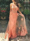 A-line Scoop Neck Tulle Sweep Train Appliques Lace Prom Dresses #Favs020103510