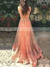 A-line Scoop Neck Tulle Sweep Train Appliques Lace Prom Dresses #Favs020103510