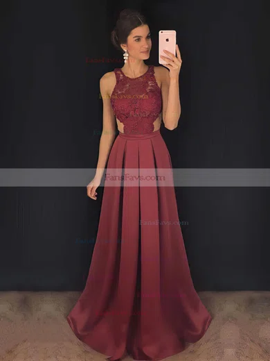 A-line Scoop Neck Satin Sweep Train Appliques Lace Prom Dresses #Favs020104848