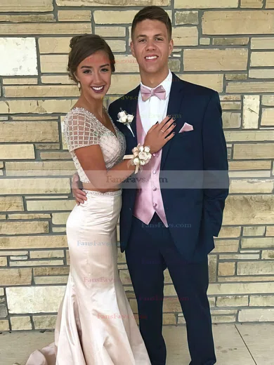 Trumpet/Mermaid V-neck Satin Sweep Train Beading Prom Dresses #Favs020104988