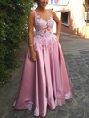 Princess V-neck Satin Sweep Train Appliques Lace Prom Dresses #Favs020105023
