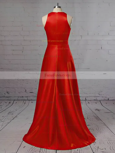 A-line Scoop Neck Satin Sweep Train Pockets Prom Dresses #Favs020105146