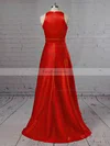 A-line Scoop Neck Satin Sweep Train Pockets Prom Dresses #Favs020105146
