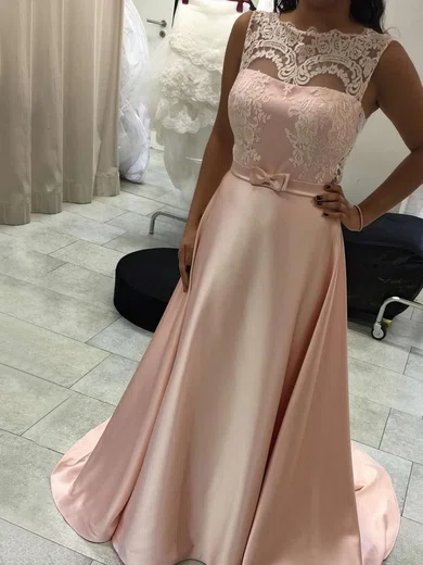 A-line Scoop Neck Satin Sweep Train Appliques Lace Prom Dresses #Favs020105227