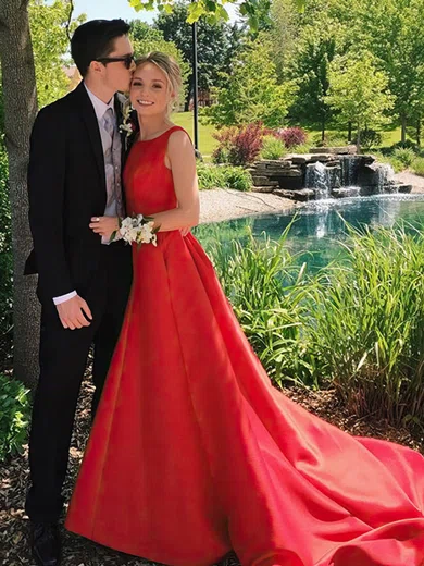 Princess Scoop Neck Satin Court Train Pockets Prom Dresses #Favs020105245