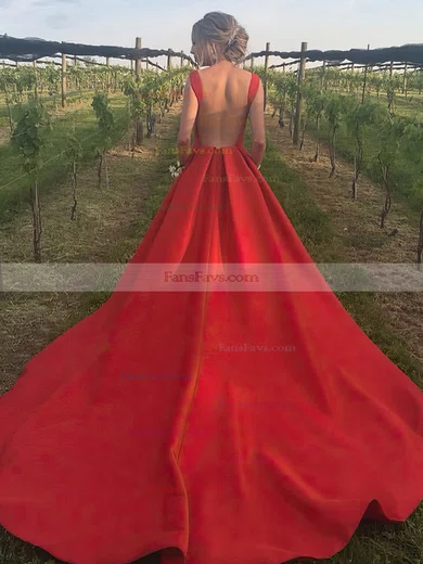 Princess Scoop Neck Satin Court Train Pockets Prom Dresses #Favs020105245