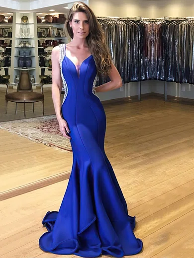 Trumpet/Mermaid V-neck Stretch Crepe Sweep Train Beading Prom Dresses #Favs020105546