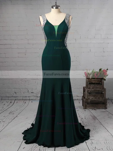 Trumpet/Mermaid V-neck Stretch Crepe Sweep Train Beading Prom Dresses #Favs020105546