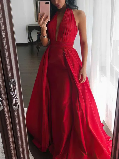 Princess V-neck Satin Sweep Train Ruffles Prom Dresses #Favs020105675