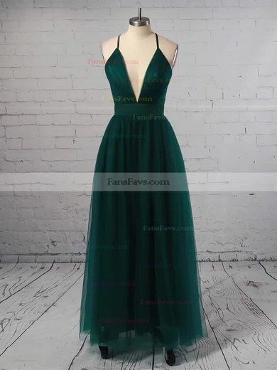 A-line V-neck Tulle Floor-length Split Front Prom Dresses #Favs020103576