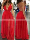 A-line V-neck Tulle Floor-length Split Front Prom Dresses #Favs020103576