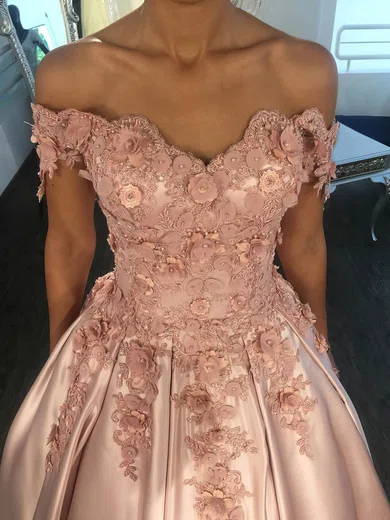 Ball Gown Off-the-shoulder Satin Sweep Train Appliques Lace Prom Dresses #Favs020105721