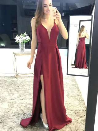 A-line V-neck Satin Sweep Train Split Front Prom Dresses #Favs020105750 A-line V-neck Satin Sweep Train Split Front Prom Dresses #Favs020105750