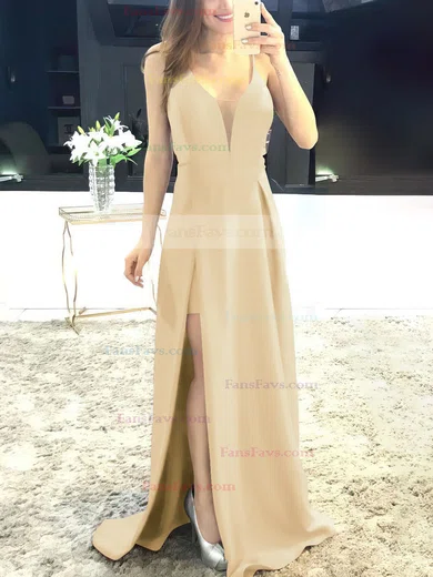 A-line V-neck Satin Sweep Train Split Front Prom Dresses #Favs020105750