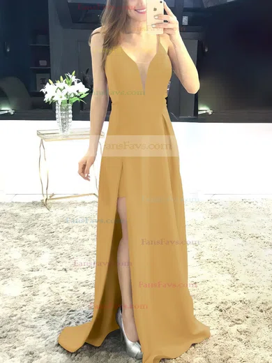 A-line V-neck Satin Sweep Train Split Front Prom Dresses #Favs020105750