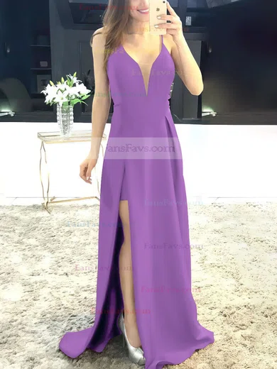 A-line V-neck Satin Sweep Train Split Front Prom Dresses #Favs020105750