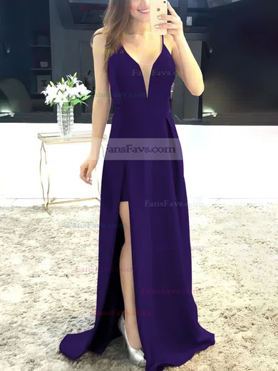 A-line V-neck Satin Sweep Train Split Front Prom Dresses #Favs020105750
