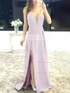 A-line V-neck Satin Sweep Train Split Front Prom Dresses #Favs020105750