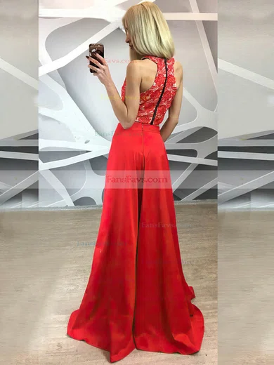 A-line Scoop Neck Lace Satin Floor-length Split Front Prom Dresses #Favs020105258