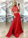 A-line Scoop Neck Lace Satin Floor-length Split Front Prom Dresses #Favs020105258