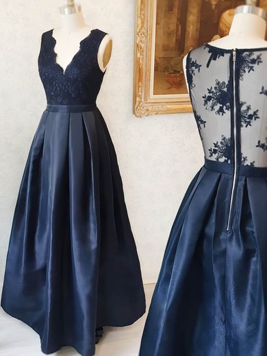 Princess V-neck Satin Floor-length Appliques Lace Prom Dresses #Favs020104882