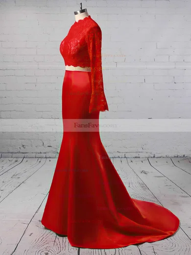 Trumpet/Mermaid High Neck Satin Tulle Sweep Train Appliques Lace Prom Dresses #Favs020104895