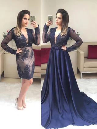 A-line V-neck Satin Detachable Appliques Lace Prom Dresses #Favs020105019