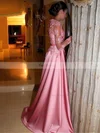 A-line Scoop Neck Satin Tulle Sweep Train Appliques Lace Prom Dresses #Favs020105622