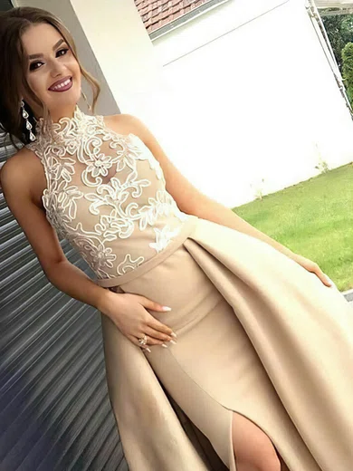 A-line High Neck Satin Tulle Sweep Train Appliques Lace Prom Dresses #Favs020105682