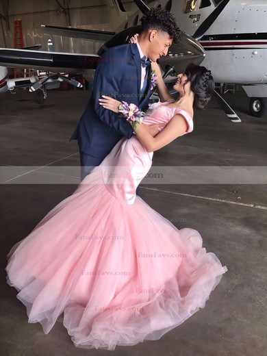 Trumpet/Mermaid Off-the-shoulder Satin Tulle Sweep Train Prom Dresses #Favs020105693