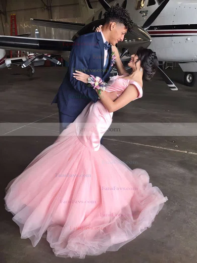 Trumpet/Mermaid Off-the-shoulder Satin Tulle Sweep Train Prom Dresses #Favs020105693