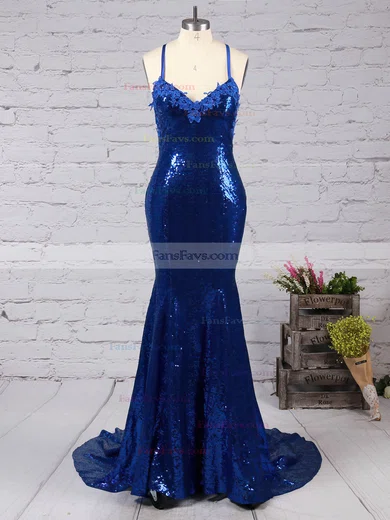 Trumpet/Mermaid V-neck Sequined Sweep Train Appliques Lace Prom Dresses #Favs020102499