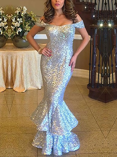 Trumpet/Mermaid Off-the-shoulder Sequined Floor-length Ruffles Prom Dresses #Favs020103688