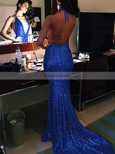 Trumpet/Mermaid V-neck Sequined Sweep Train Prom Dresses #Favs020104599