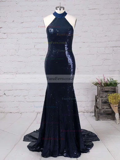 Trumpet/Mermaid Halter Sequined Sweep Train Prom Dresses #Favs020104806