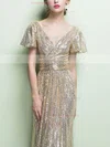 Sheath/Column V-neck Sequined Floor-length Ruffles Prom Dresses #Favs020104869