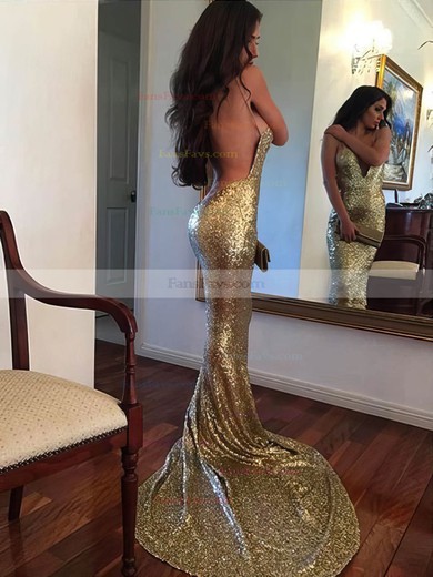 Trumpet/Mermaid V-neck Sequined Sweep Train Prom Dresses #Favs020104958