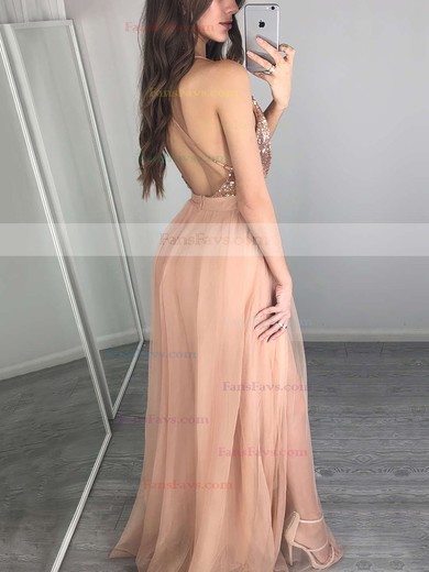 A-line V-neck Tulle Sequined Floor-length Split Front Prom Dresses #Favs020103637