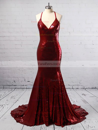 Trumpet/Mermaid V-neck Sequined Sweep Train Prom Dresses #Favs020105807